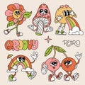 Retro 70s psychedelic characters set. Cartoon funky groovy hippie mascots - mushroom, flower, cherries, rainbow, melting