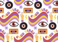 Retro 70s psychedelic seamless patterns, groovy hippie backgrounds. Cartoon funky print Royalty Free Stock Photo