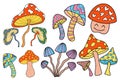 Retro 70s psychedelic trippy mushrooms, white background. Colorful hallucinogenic fantasy mushroom hand drawn doodle Royalty Free Stock Photo