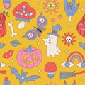 Retro 70s 60s Hippie Halloween seamless pattern with Ghost Mushroom Daisy Butterfly Flower Rainbow elements . Groovy Royalty Free Stock Photo