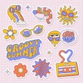 Retro 70s, 80s, 90s hippie stickers set with funny psychedelic elements. Groovy summer collection with cool characters