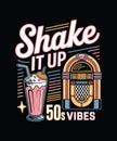 Retro 50s Shake It Up Graphic Design with a Jukebox and Milkshake Royalty Free Stock Photo