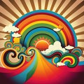 Retro 70s Style Groovy Spring Or Summer Poster With Rainbow And Sun