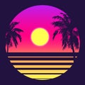 Retro 80s Style Tropical Sunset with Palm Tree. Royalty Free Stock Photo