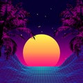 Retro 80s Style Tropical Sunset with Palm Tree. Royalty Free Stock Photo