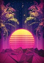 Retro 80s Style Tropical Sunset with Palm Tree. Royalty Free Stock Photo