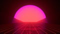 Retro 80s styled futuristic Synthwave Sunset landscape with purple red neon sun and perspective grid. Retro Future flyer, banner,