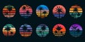 Retro 80s sunsets with palm trees silhouettes for t-shirt prints. Vintage surf design. Tropic summer sundown or sunrise Royalty Free Stock Photo