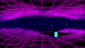 Retro 1980s synthwave glowing neon lights landscape fly-over animation with starship silhouette - seamless loopable