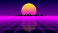 Retro 1980s synthwave glowing neon lights plane with sun and city skyline