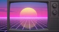 Retro 80s Synthwave Sunset Grid in Old Television Screen Royalty Free Stock Photo