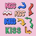 Retro 90s 2yk style sticker set with word Kiss