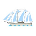 Retro sailing ship in cartoon style on white background