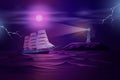 Frigate sailing in stormy ocean cartoon vector Royalty Free Stock Photo