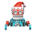 Retro Santa Robot looking out from behind the blank board. over white. Contains clipping path Royalty Free Stock Photo