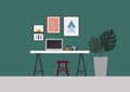Retro scandinavian turquoise green home office space room with monstera leaves decorate illustration