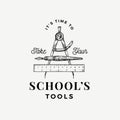 Retro School Tools Abstract Vector Sign, Symbol or Logo Template. Hand Drawn Crossed Compass, Pen and Ruler Sketch with