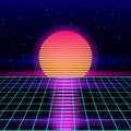 Retro sci-fi background of the 80s and 90s with sunrise or sunset retro sun. Futuristic synthesizer retro wave Royalty Free Stock Photo