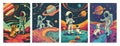 Retro science fiction, a space exploration scene on Mars and astronaut illustration poster set