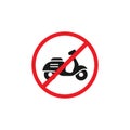 Retro scooter or motorbike in red crossed circle icon. No scooters sign isolated on white