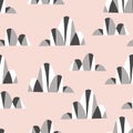 Retro seamless abstract pattern. Geometric black and white clouds made of triangles. Pink illustration background