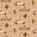 Retro seamless pattern with retro car race in sand desert.