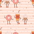 Retro seamless pattern. Cartoon characters cupcake, donut and takeaway coffee on striped background. Vector Illustration Royalty Free Stock Photo