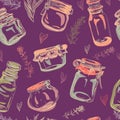 Retro seamless pattern with glass jars, hearts and branches of herbs.