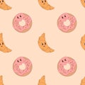 Retro seamless pattern. Groovy cute cartoon donut and croissant on light yellow background. Vector Illustration for Royalty Free Stock Photo