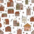 Retro seamless pattern with hand drawn houses. Buildings. Doodle style. Texture for fabric, textile, wrapping, wallpaper