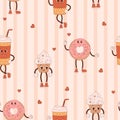 Retro seamless pattern. Happy groovy cartoon characters cakes cupcake, donut and takeaway coffee on striped light Royalty Free Stock Photo