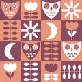 Retro seamless pattern with owls, sun and moon. Geometric checkered print for tee, paper, textile and fabric. Floral vector Royalty Free Stock Photo