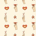 Retro seamless pattern with peace sign hand gesture and heart holding between fingers. Funky, groovy seventies style Royalty Free Stock Photo