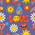 Retro Seamless pattern with 70s, 80s, 90s vibes groovy elements. Stickers nostalgia Love, cartoon funky daisy flowers