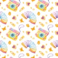 Retro seamless pattern. 90s toys, camera, slinky rainbow, butterfly hairpins, hearts. Royalty Free Stock Photo