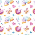 Retro seamless pattern. 90s toys, slinky rainbow, bubble gum, butterfly hairpins, sweets.