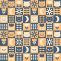 Retro seamless pattern with sleepy cats faces, sun and moon. Geometric checkered print for tee, paper, textile and fabric. Floral Royalty Free Stock Photo