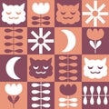 Retro seamless pattern with sleepy cats faces, sun and moon. Geometric checkered print for tee, paper, textile and fabric. Floral Royalty Free Stock Photo