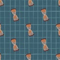 Retro seamless time pattern with hourglass elements. Blue chequered background