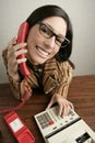 Retro secretary wide angle humor telephone woman Royalty Free Stock Photo