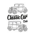 Retro sedan. Side view. Classic Car Club lettering. Engraving