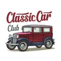 Retro sedan. Side view. Classic Car Club lettering. Engraving