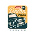 Retro service and repair, open 24 7 premium club logo, car repair badge, retro vintage label vector Illustration on a