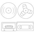 Retro set of audio and video storage media, black and white, doodle. Royalty Free Stock Photo