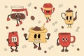 Retro set coffee 30s cartoon mascot character -. 40s, 50s, 60s old animation style.