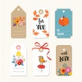 Retro set of cute autumn, fall gift tags and labels with flowers, bird, oak leaves and fly mushroom. vector