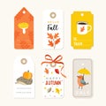 Retro set of cute autumn, fall gift tags and labels with hedgehog, bird, oak leaves and coffee. Isolated vector Royalty Free Stock Photo