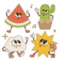 Retro set of summer groovy mascots. Funny characters of flower , potted cactus, sun, cloud, watermelon with groovy face Royalty Free Stock Photo