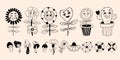 Retro set groovy flowers doodle. Funny cartoon characters with faces funky flower power with patch, daisy flowers