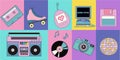 Collection of 90s elements: old pc, phone, audio player, cassette, CD, floppy disk, roller skate. Retro set of 80s 90s elements. Royalty Free Stock Photo